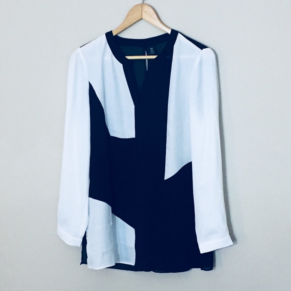 Chico's Black Label Colorblock Tunic Blouse Black White Semi-Sheer